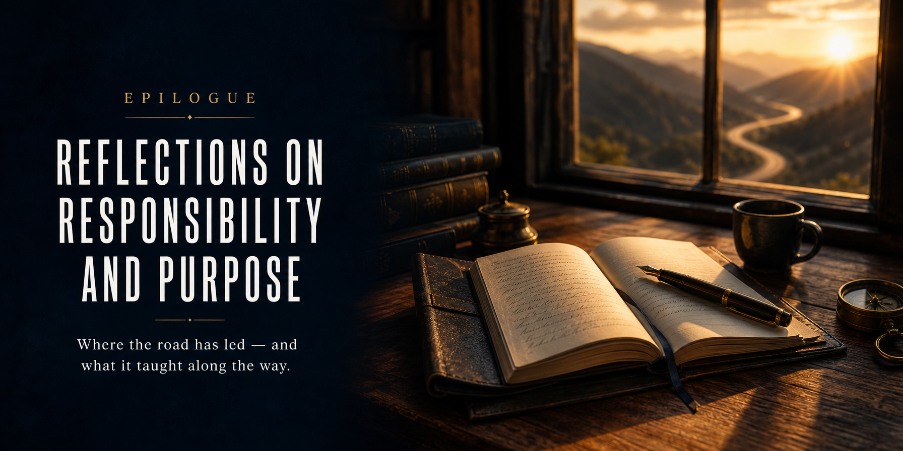 Epilogue — an open journal and fountain pen on a wooden desk at sunset, a winding mountain road visible through the window.