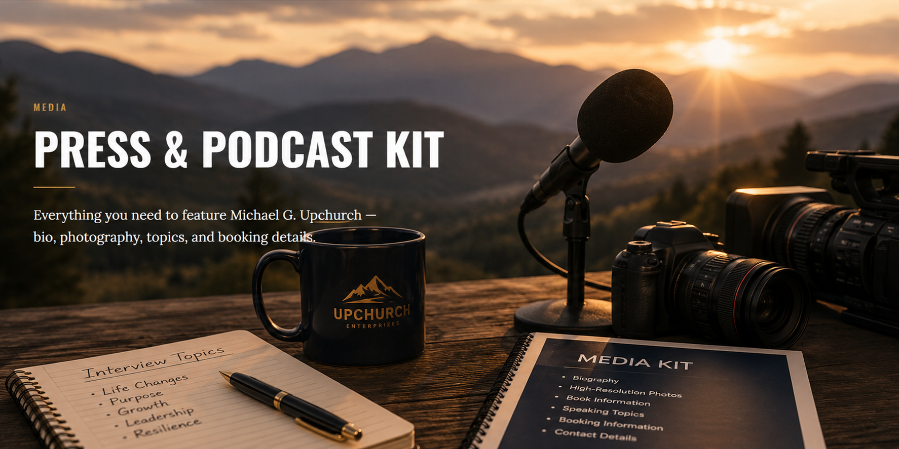 Media — Press & podcast kit: microphone, cameras, and a media kit on a wooden table at sunrise.